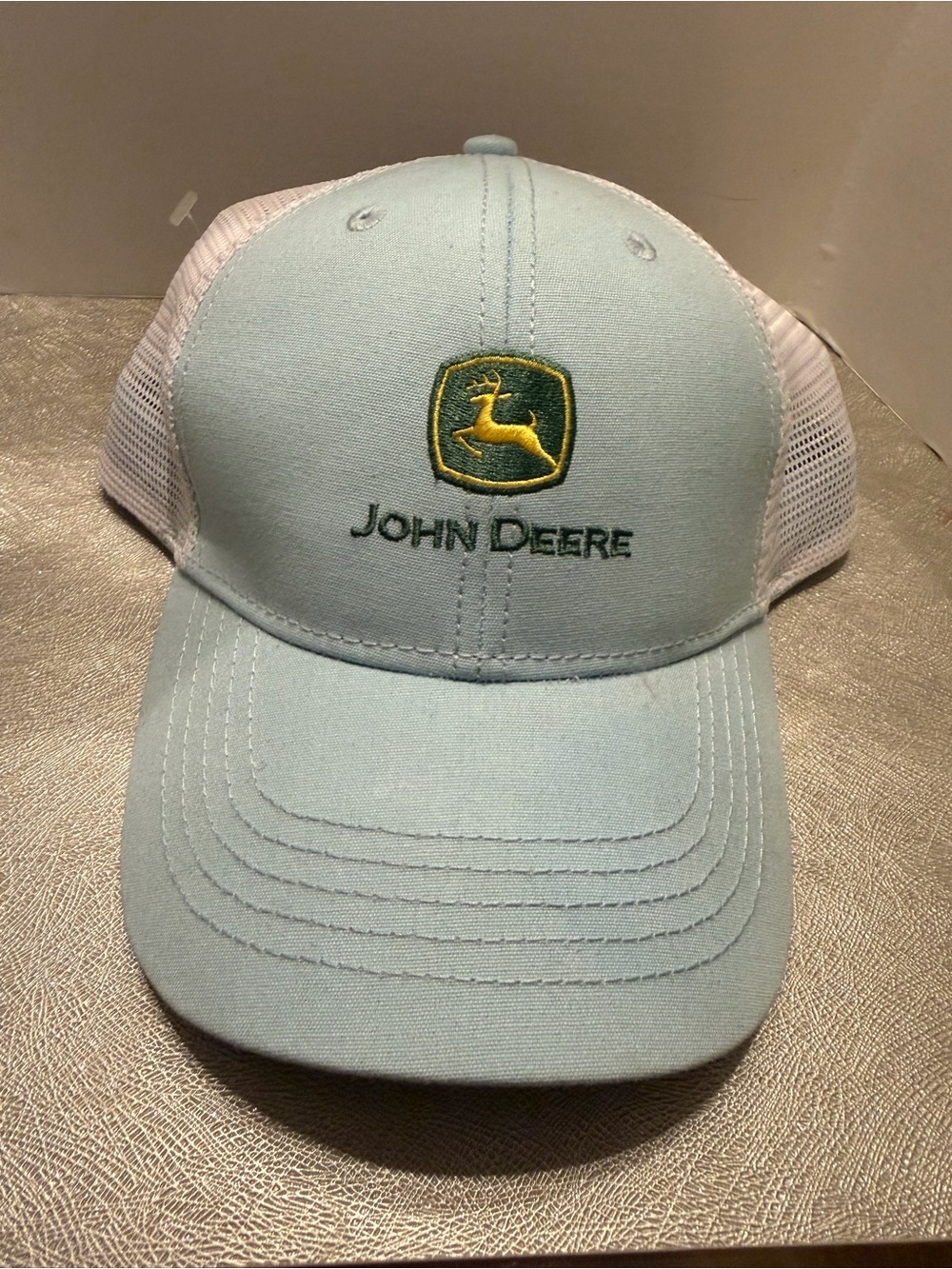 John Deere Light Blue/White Mesh Trucker Hat w/Green & Yellow Logo. Adjustable.